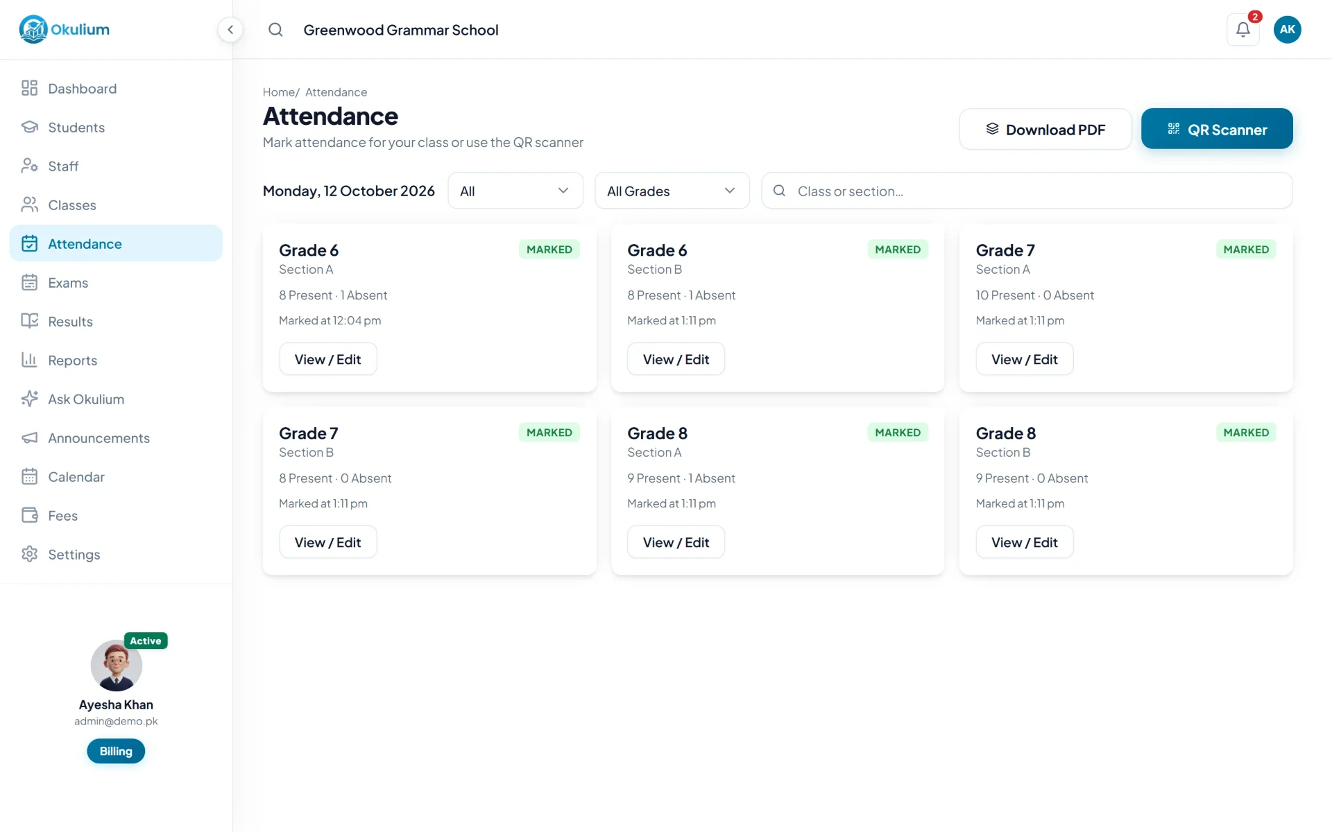 The attendance page, showing which sections have taken today's register and how many students are absent.