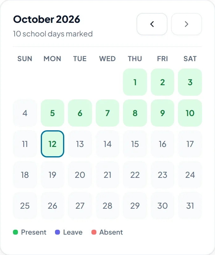 A month of attendance in the parent app, each school day marked present or absent.