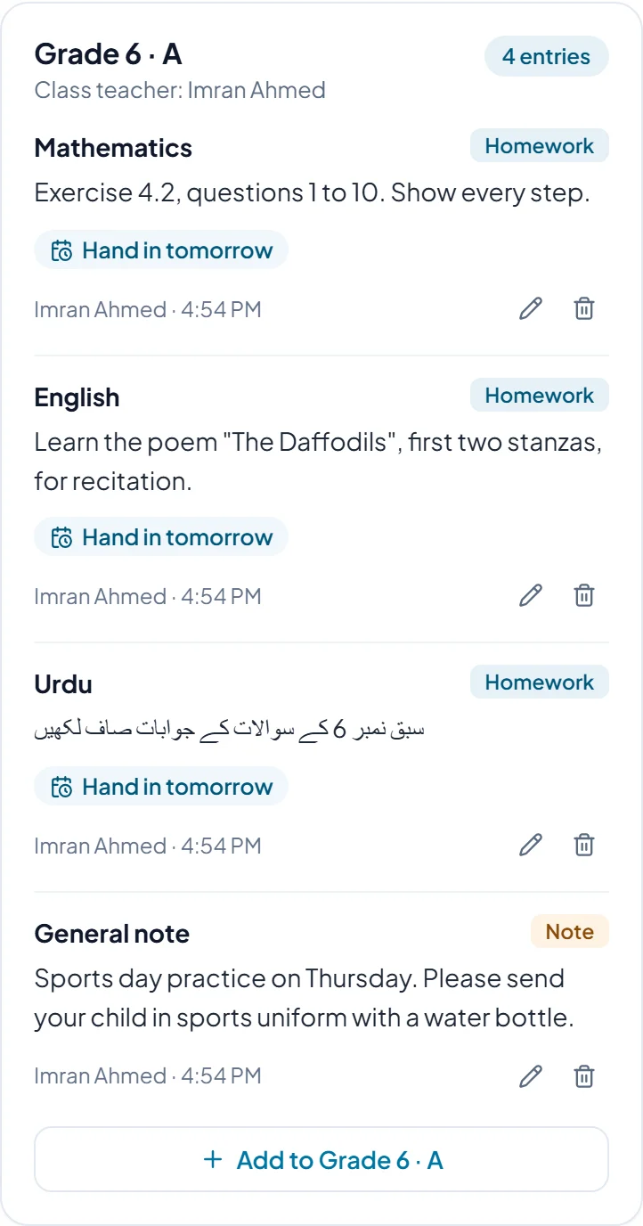 Grade 6 A's diary for the day: Maths, English and Urdu homework, each due tomorrow, and a note about sports day.