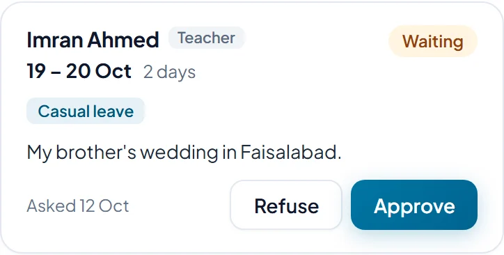 A leave request waiting for approval, with the days asked for and the reason.