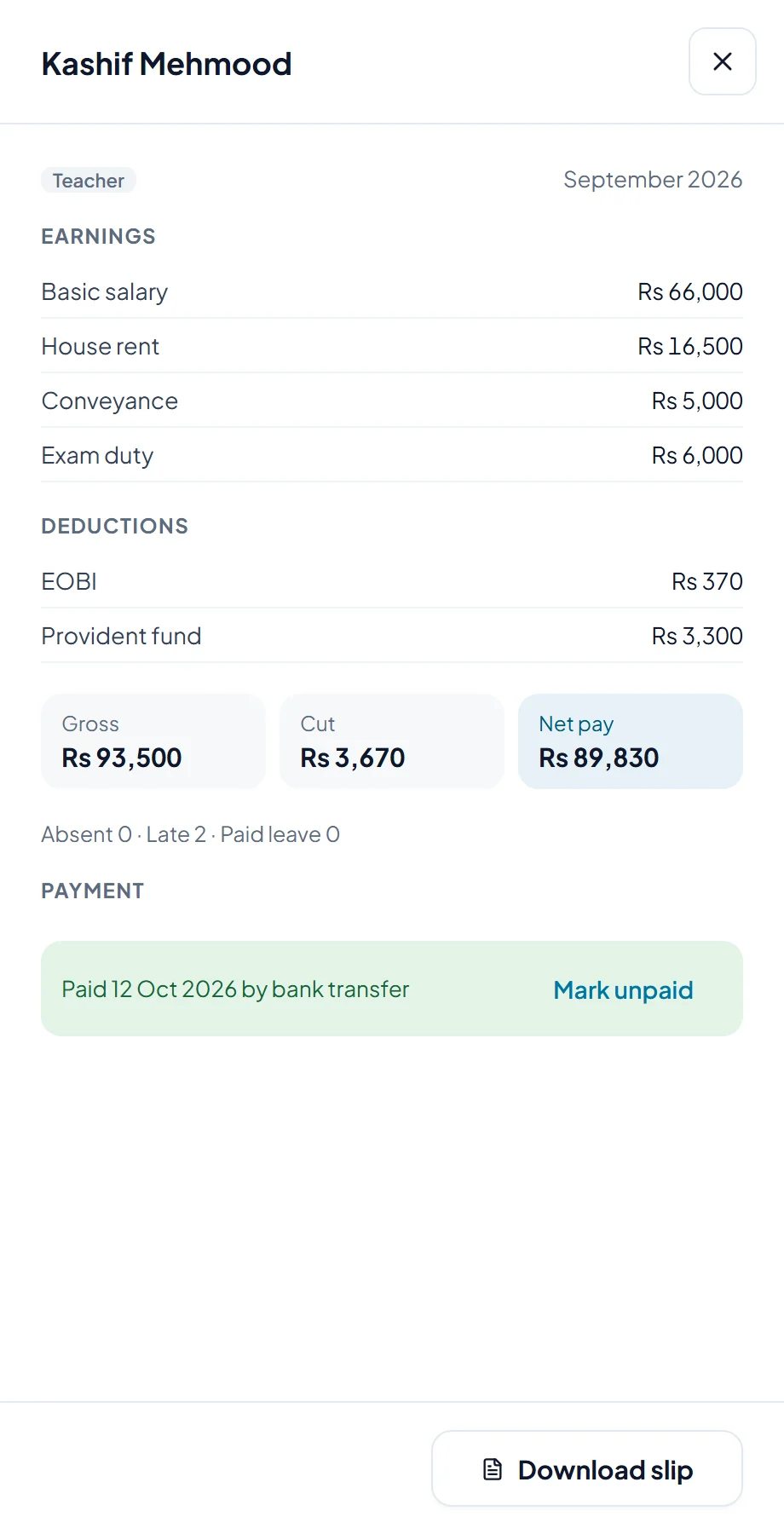 A teacher's salary for September: basic pay, allowances, an exam-duty bonus, deductions, net pay and when it was paid.