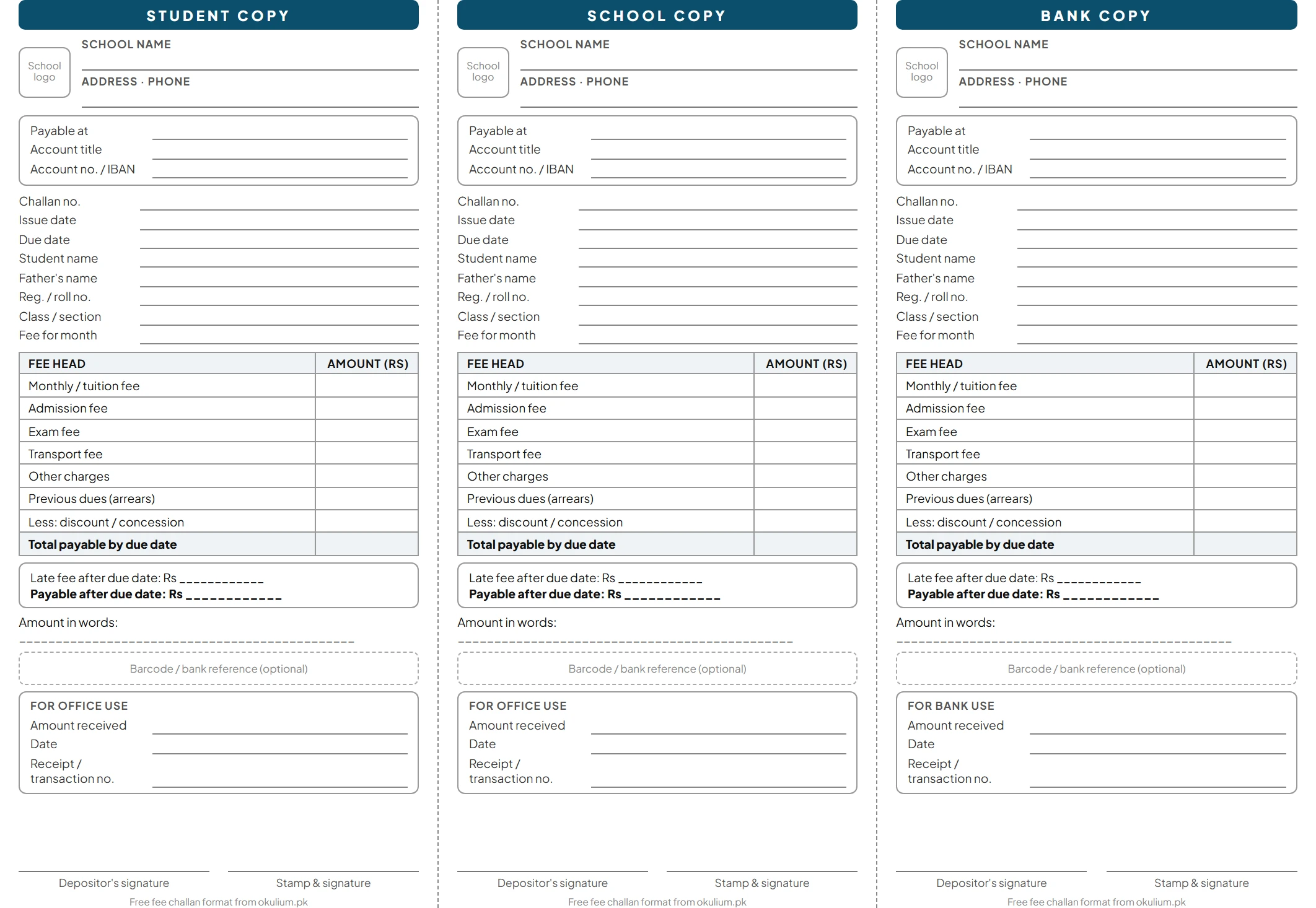 A blank school fee challan on A4 landscape with student, school and bank copies: school and bank details, student details, fee heads, total, late fee, amount in words and space for the bank stamp.