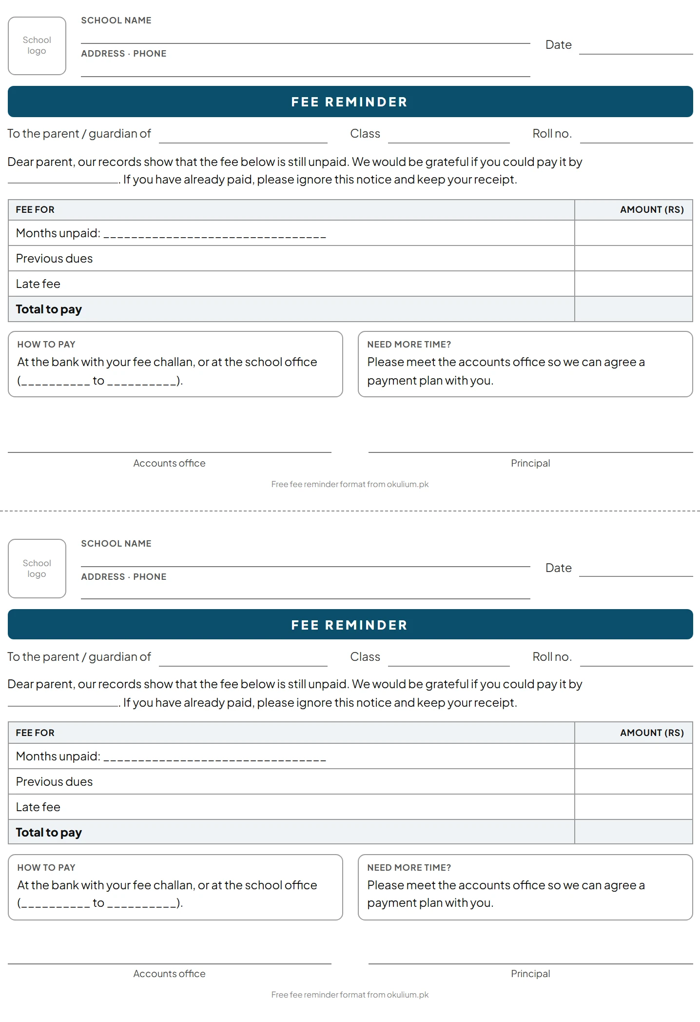 A blank fee reminder notice for parents, two on an A4 page: school details, the student, the unpaid months, previous dues, late fee and total, how to pay, and an offer to agree a payment plan.