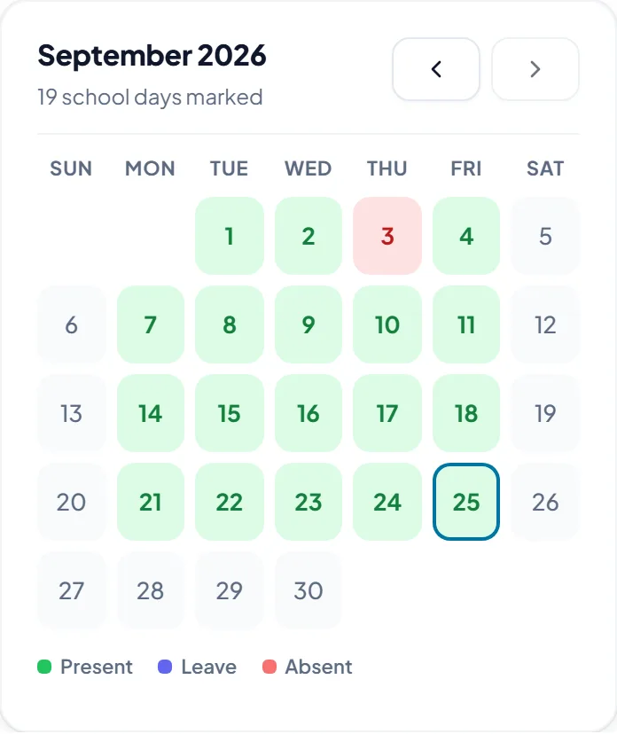 A month of attendance in the parent app, with each school day marked present or absent.