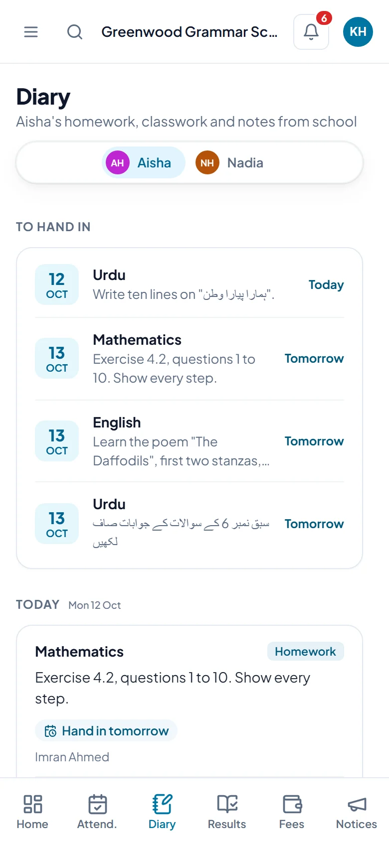 A child's diary in the parent app: homework to hand in, with the day it is due, and today's entries by subject.