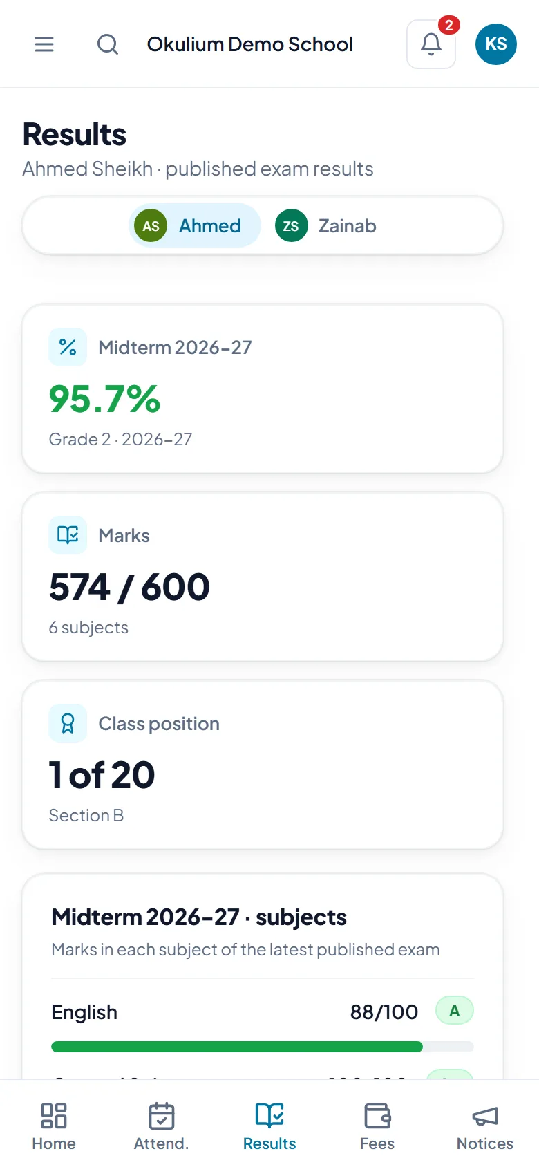 A child's mid-term result in the parent app: 95.7%, first in the section.