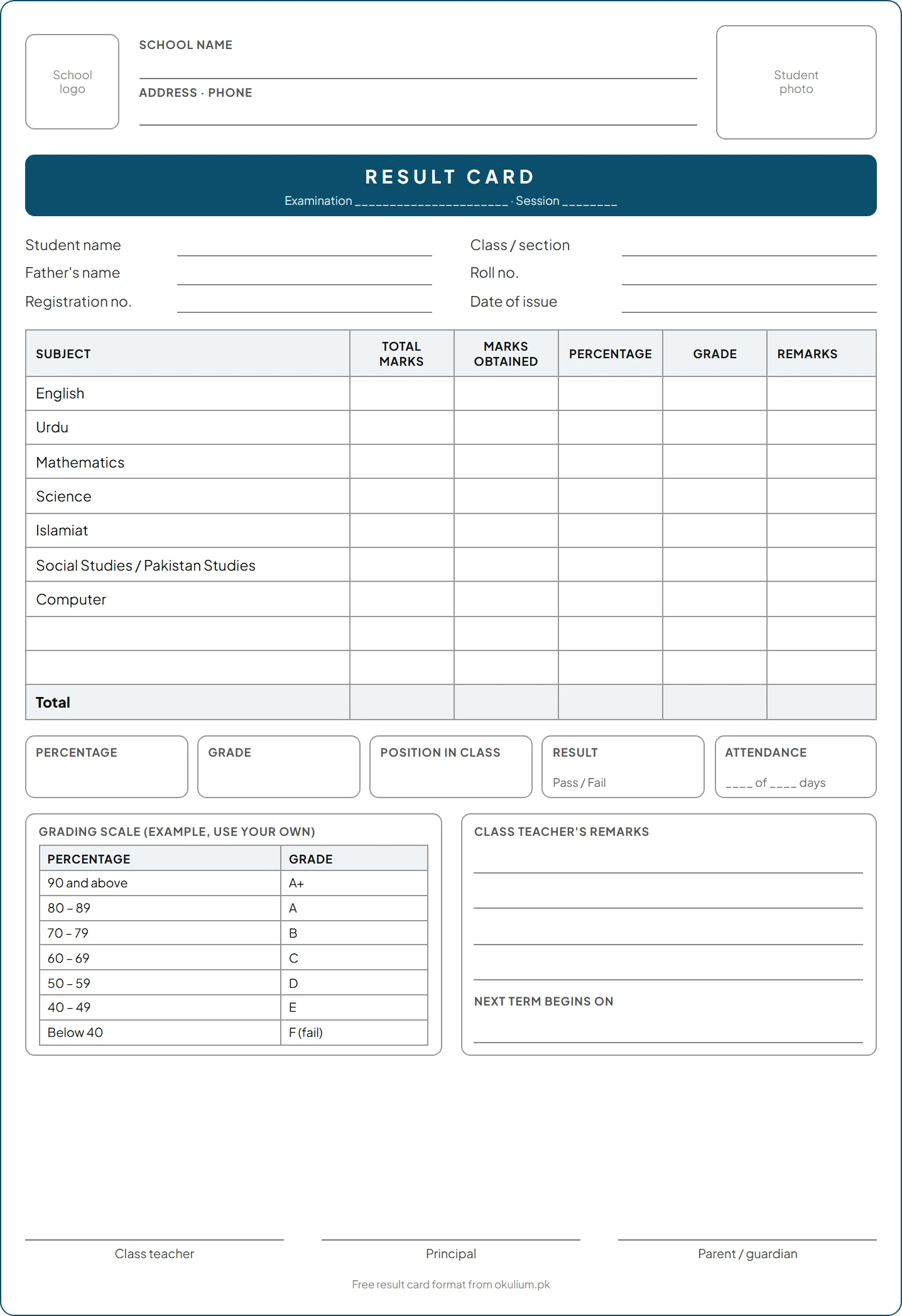A blank school result card on A4: school and student details, a table of subjects with total marks, marks obtained, percentage and grade, then percentage, grade, position, result and attendance, a grading scale, remarks and signatures.