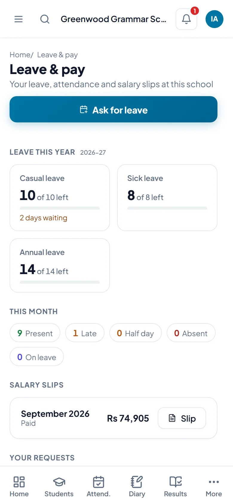 A teacher's Leave and pay page: leave left this year, this month's attendance and salary slips.