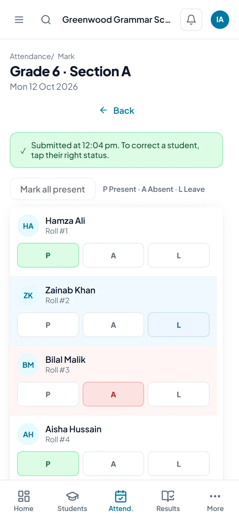 A teacher taking the class register on a phone: one tap marks everyone present, then they change the few absent.