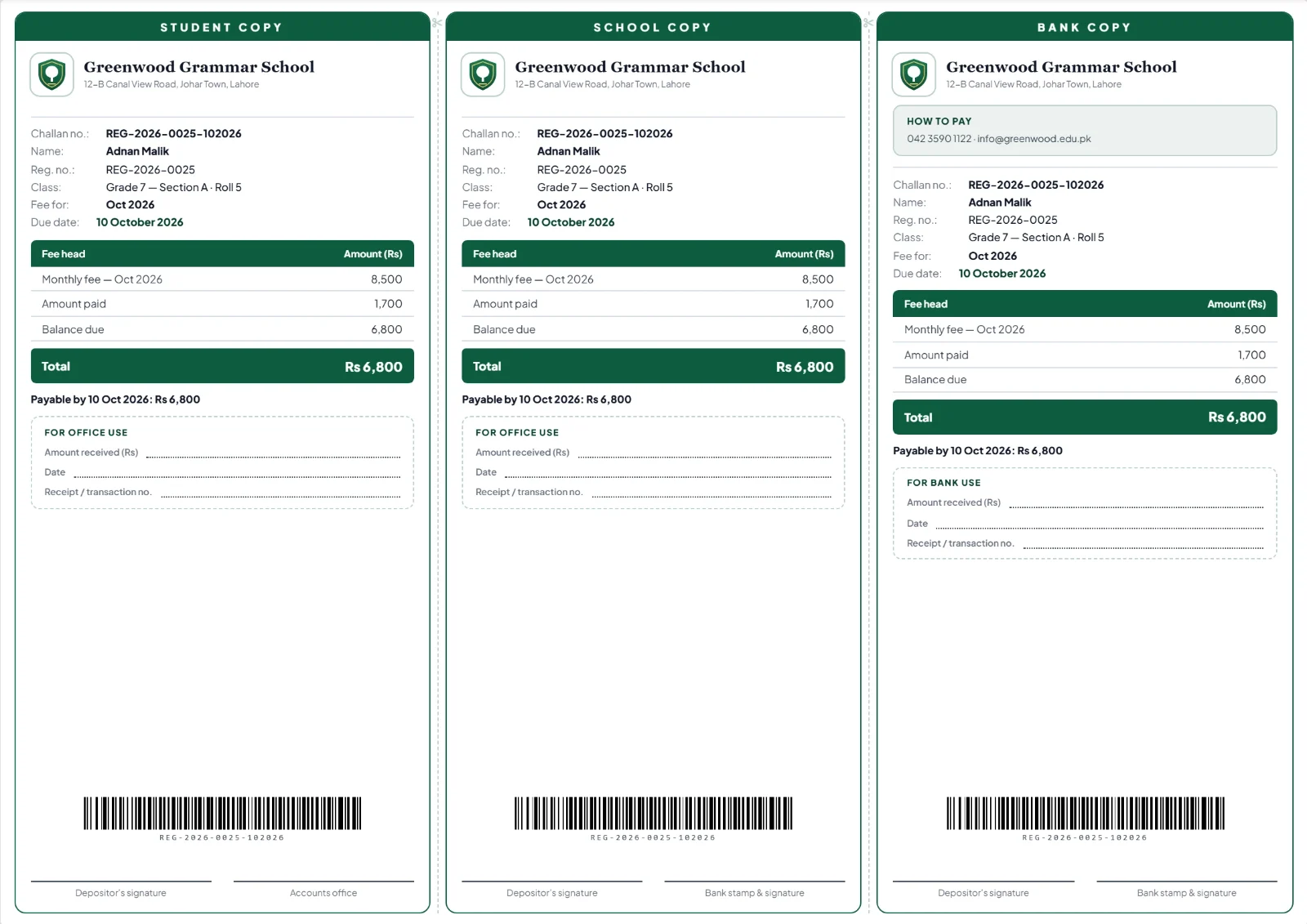 A bank fee challan with student, school and bank copies, the school's bank account, fee heads, late fee and a barcode.